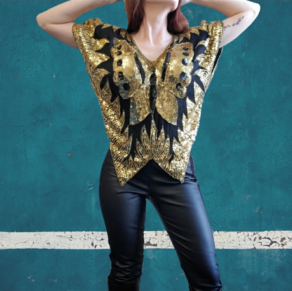 Vintage 80s butterfly gold sequin disco top